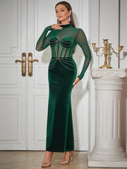 Green Velvet Mesh Sleeve Dress