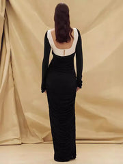 Black Contrast Square Neck Long Sleeve Dress