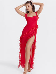Red Ruffled Trim Maxi Slip Dress