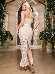 Beige Lace Floral Cut-Out Dress