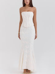 White Embroidered Bandeau Top and Skirt Matching Sets