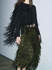 Olive Green Fringed Sequin Skirt