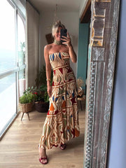 Boho Geo Print Strapless Maxi Dress