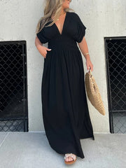 Casual V-neck High Slit Midi Dress