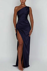 One Shoulder Satin High Slit Maxi Dress