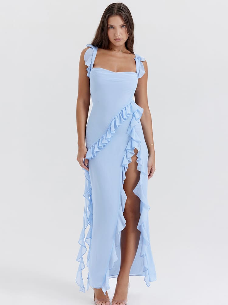 Blue Ruffled Trim Maxi Dress