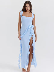 Blue Ruffled Trim Maxi Dress