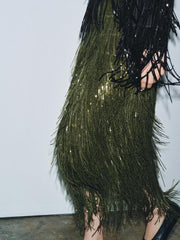 Olive Green Fringed Sequin Skirt