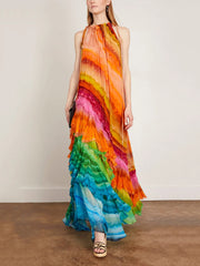 Multicolor Patterned Halter Maxi Dress