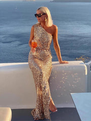 Golden Sequin One Shoulder Maxi Dress