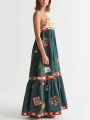 Dark Green Vintage Floral Midi Dress