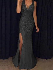 Sequined High Slit Evening Maxi Dress