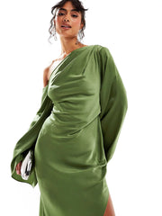Green Long Sleeves Satin Maxi Dress