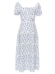 Blue Floral Front-Tie High Slit Midi Dress