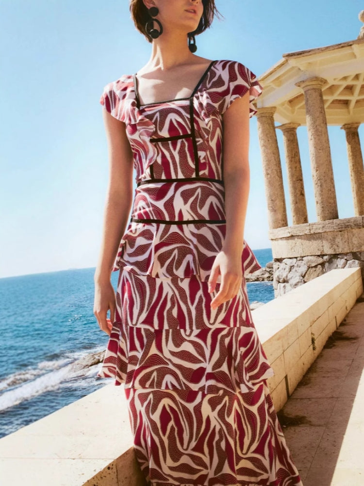 Burgunday Abstract Print Midi Dress