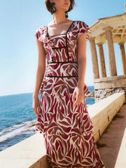 Burgunday Abstract Print Midi Dress