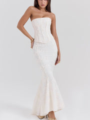 White Embroidered Bandeau Top and Skirt Matching Sets