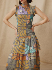 Multicolor Botanical Print Smocked Midi Dress