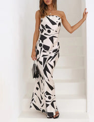 Satin Geo Print Bandeau Maxi Dress