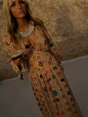 Petite Beige Shell Print Long Sleeves Maxi Dress
