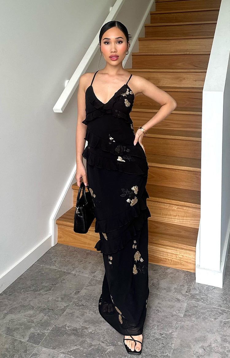 Black Floral Ruffle Maxi Dress