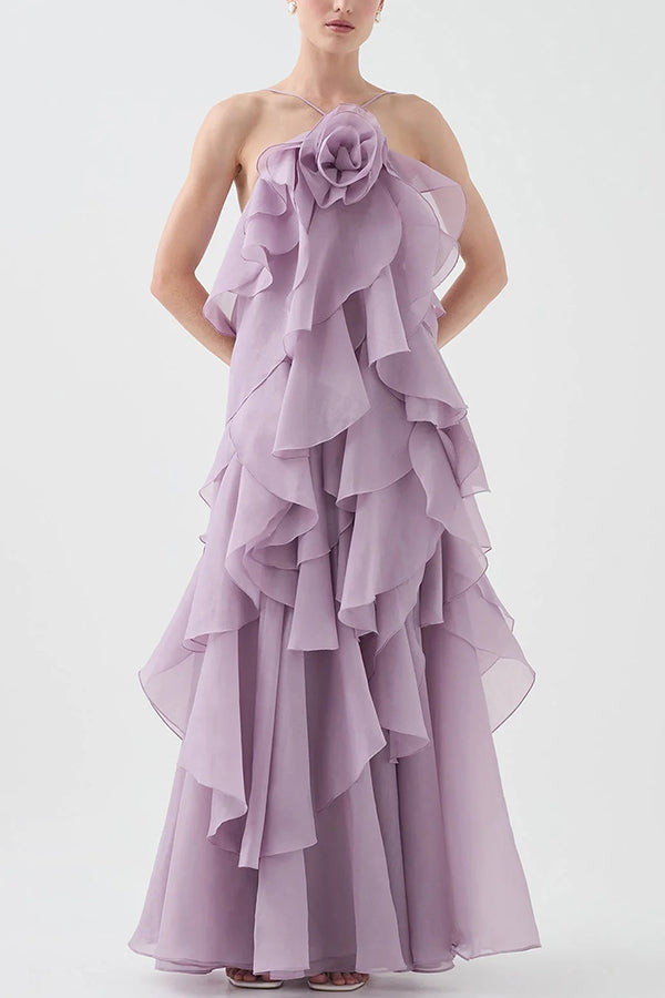 Rosette Detail Tiered Ruffles Maxi Dress