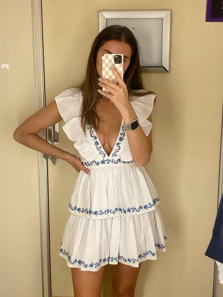 White Embroidery Trim Mini Dress