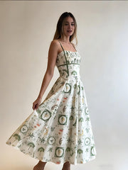 Green Botanical Print Sleeveless Midi Dress