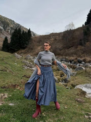 Navy Plaid Pleated Midi Skirt