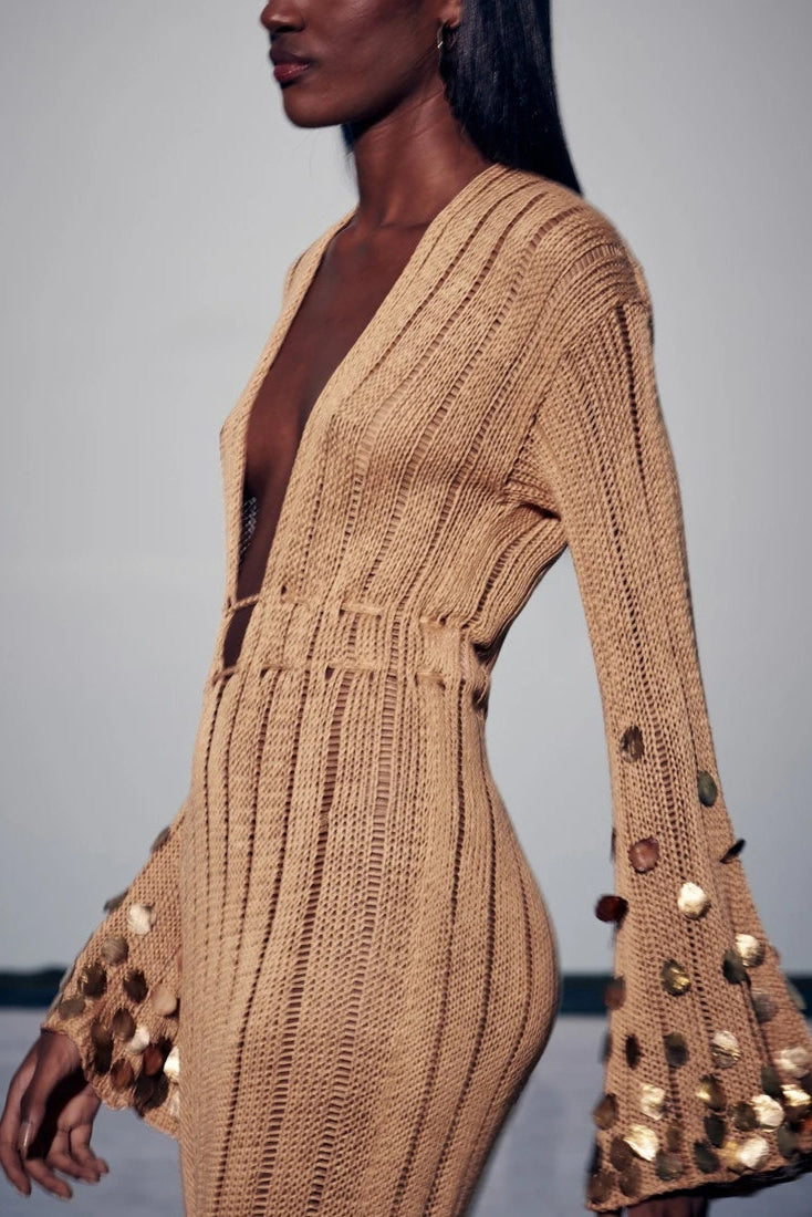 Gold Sequin Knit Maxi Dress