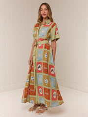 Color Block Linen Shirt Midi Dress
