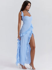 Blue Ruffled Trim Maxi Dress