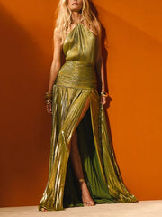 Metallic Green High Slit Maxi Dress