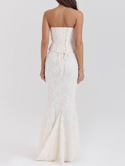 White Embroidered Bandeau Top and Skirt Matching Sets