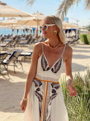 Elegant Feather Print Backless Tie Dress