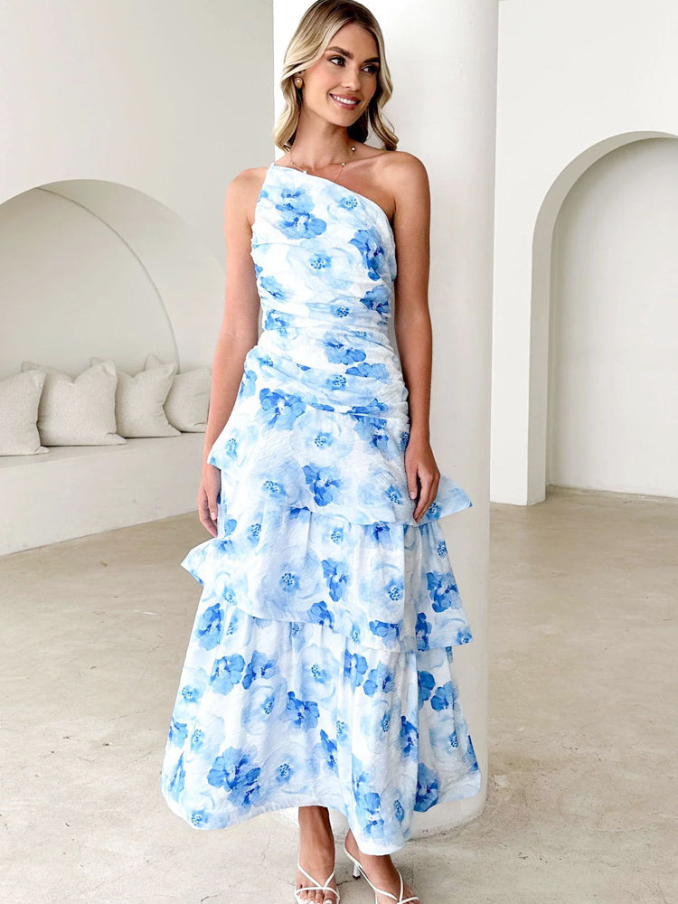 One-Shoulder Tiered Floral Maxi Dress