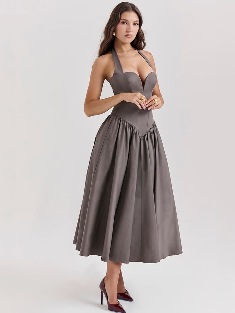 Smoky Gray Halter Neck Midi Dress