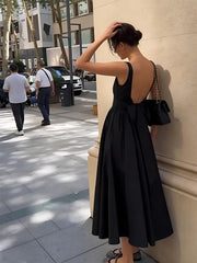 Black Square Neck Backless Midi Dress
