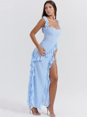 Blue Ruffled Trim Maxi Dress