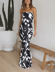 Satin Geo Print Bandeau Maxi Dress