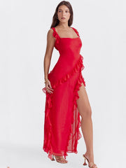 Red Ruffled Trim Maxi Slip Dress