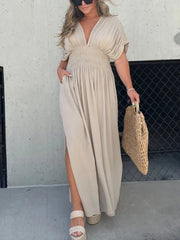 Casual V-neck High Slit Midi Dress