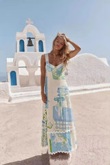 Blue Floral Linen Midi Dress