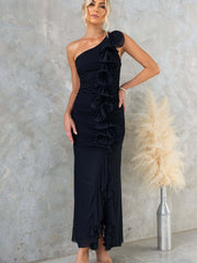 One Shoulder Ruched Rosette Midi Dress