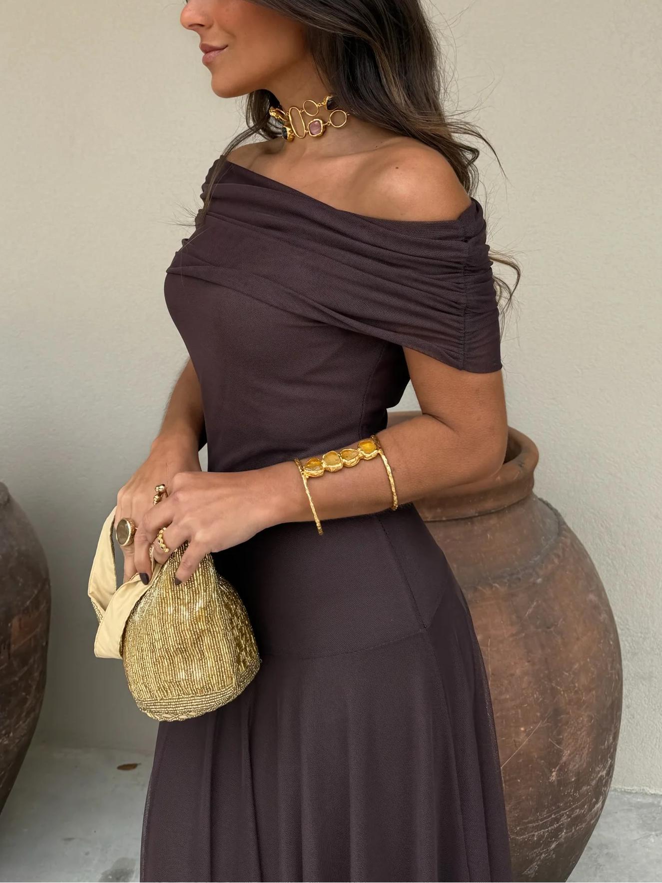 Brown One Shoulder Mesh Maxi Dress