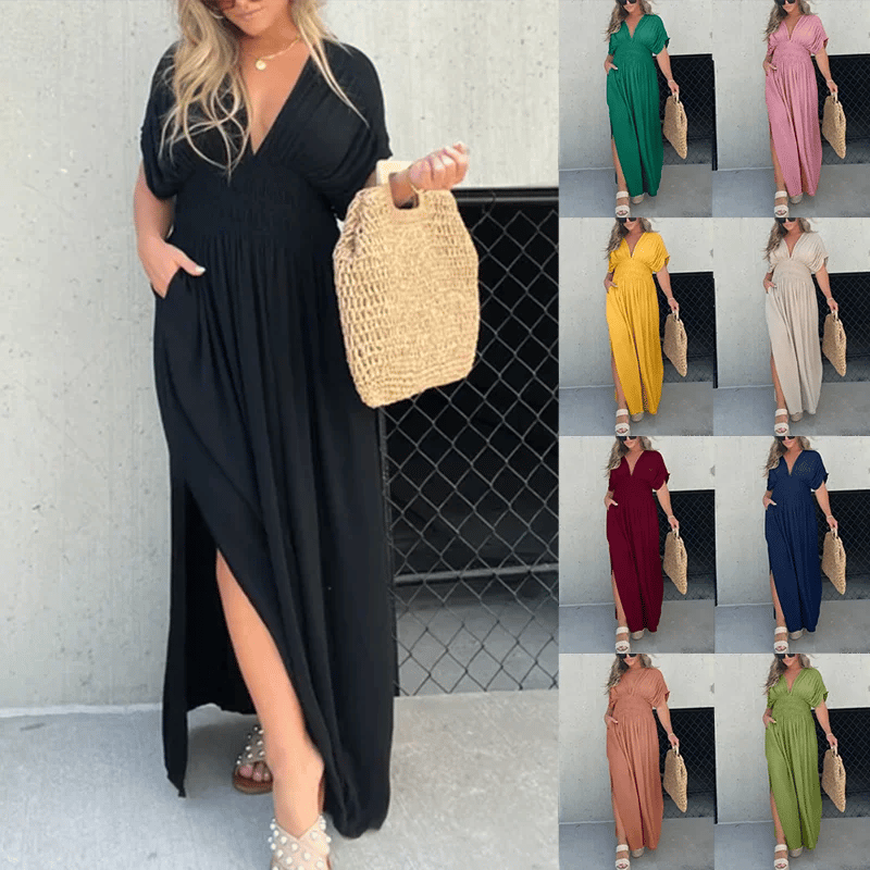 Casual V-neck High Slit Midi Dress
