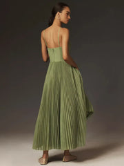 Green Bustier Pleated Flare Midi Dress