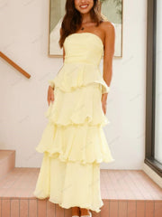 Solid Strapless Tiered Midi Dress