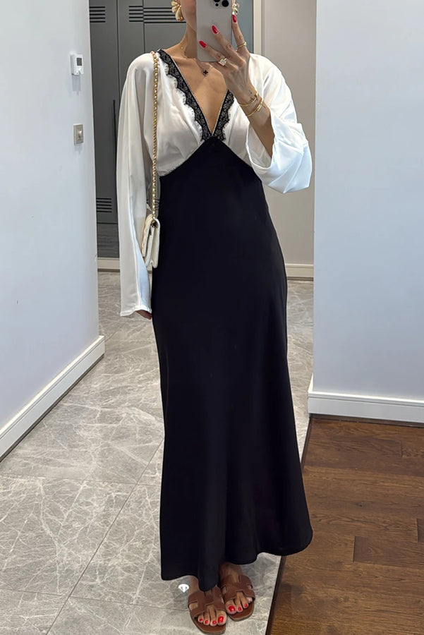Color Block Satin Lace Trim Long Sleeve Maxi Dress