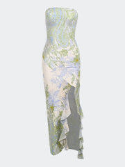 Green Leavy Print Bandeau Maxi Dress